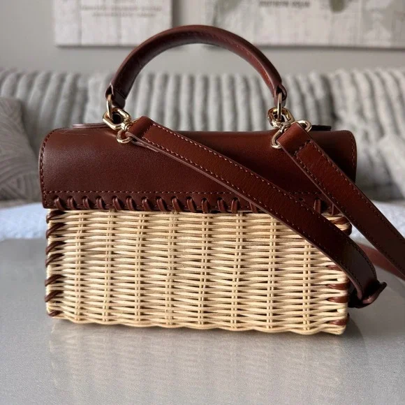 J.Crew Leather and Wicker Mini Satchel Crossbody Bag Brown Tan Whipstitch - Picture 4 of 7